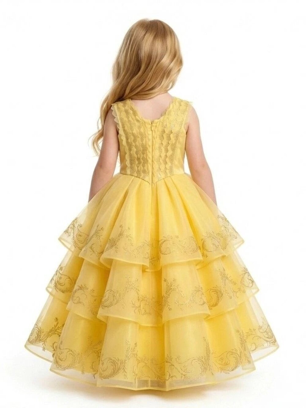 Girls Belle Inspired Yellow Princess Dress Tiered Ball Costume Dress (Size 7) - Picture 2 of 2